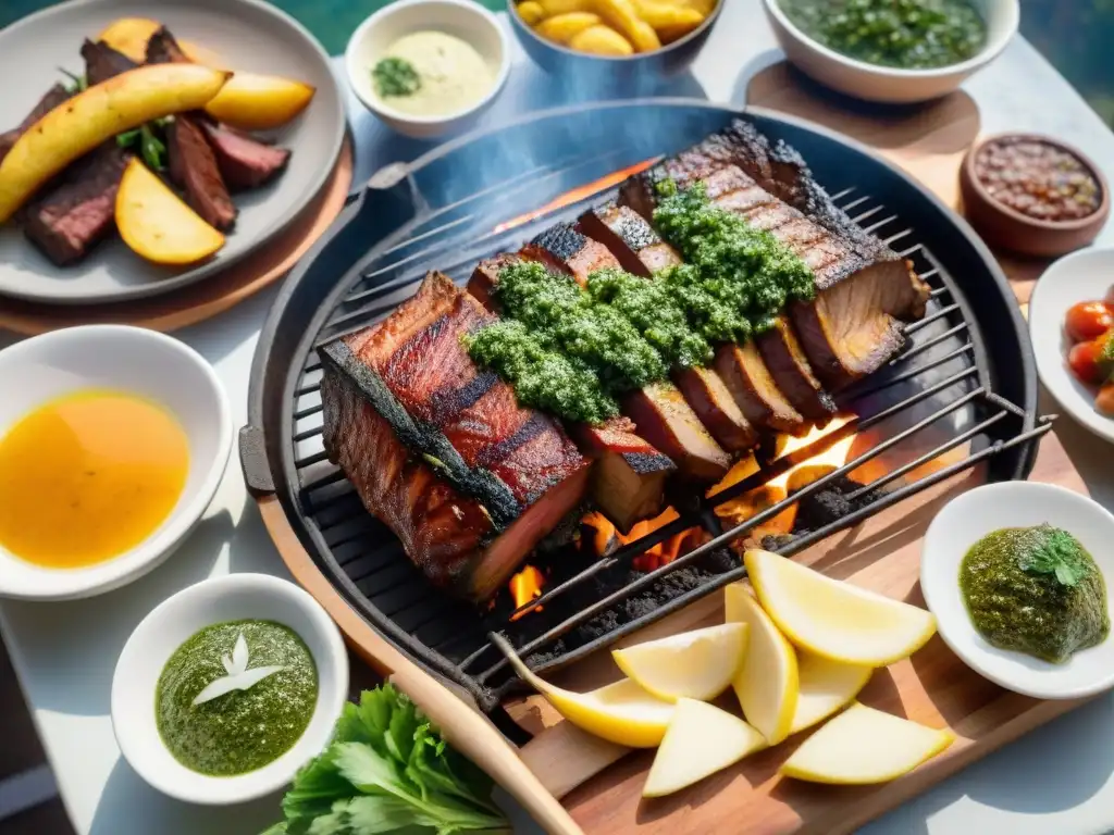 Exquisito asado uruguayo: vacío, entraña y tapa de cuadril a la parrilla Imagen detallada de un asado uruguayo con cortes magros vacío, entraña y tapa de cuadril, rodeado de chimichurri y papas fritas