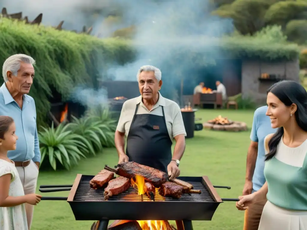 Una imagen detallada de tres generaciones uruguayas disfrutando del arte del asado en familia en un exuberante jardín