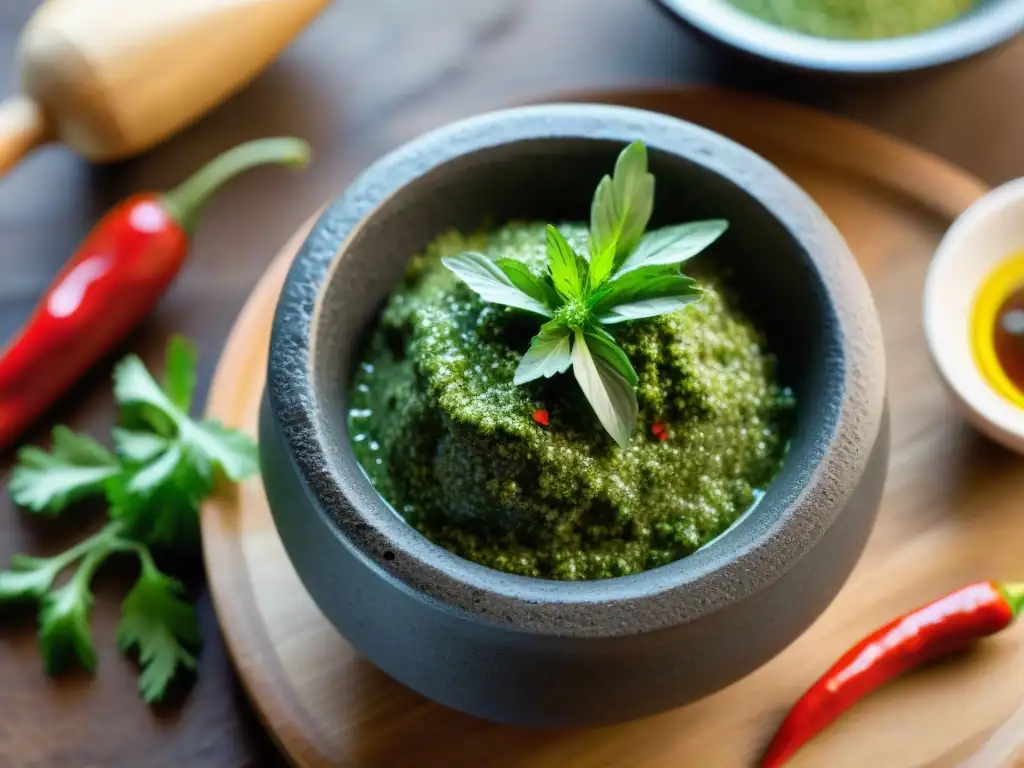 Una imagen detallada de un molcajete uruguayo con chimichurri fresco, invitando a personalizar salsas clásicas uruguayas