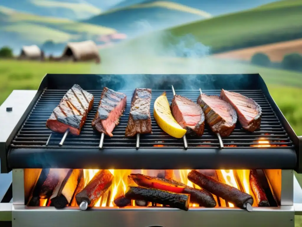 Imagen detallada de una parrilla uruguaya tradicional con cortes de carne sizzling, gaúcho cocinando