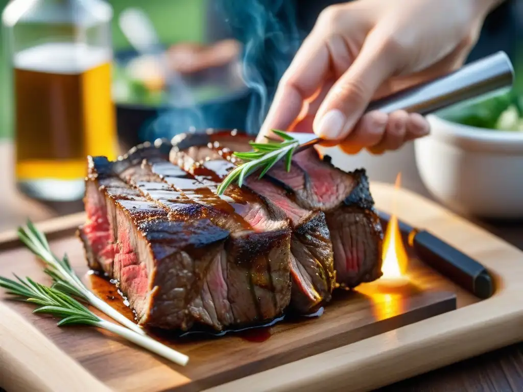 Una imagen detallada y realista de un inyector de sabor para asado apuntando a un jugoso filete en una parrillada al atardecer