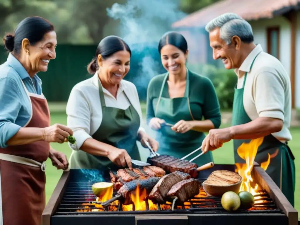 Imagen emotiva de tradición asado uruguayo: generaciones unidas alrededor de la parrilla en un patio verde