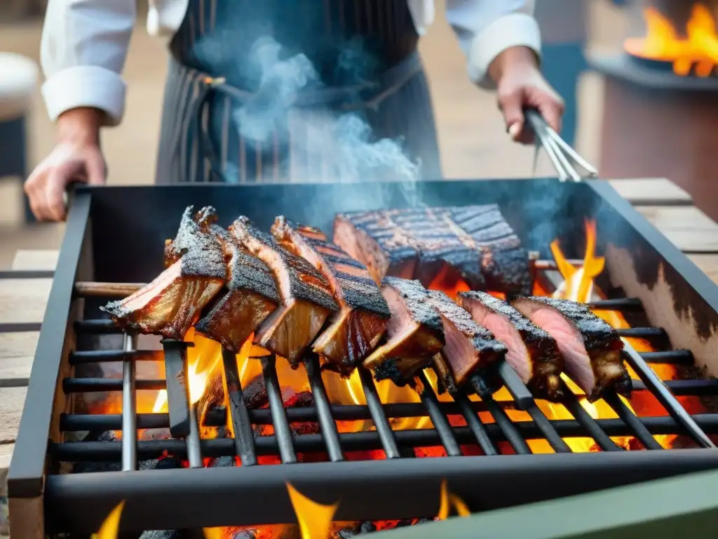 Imagen de parrilla argentina con Asado de Tira cocinando sobre brasas