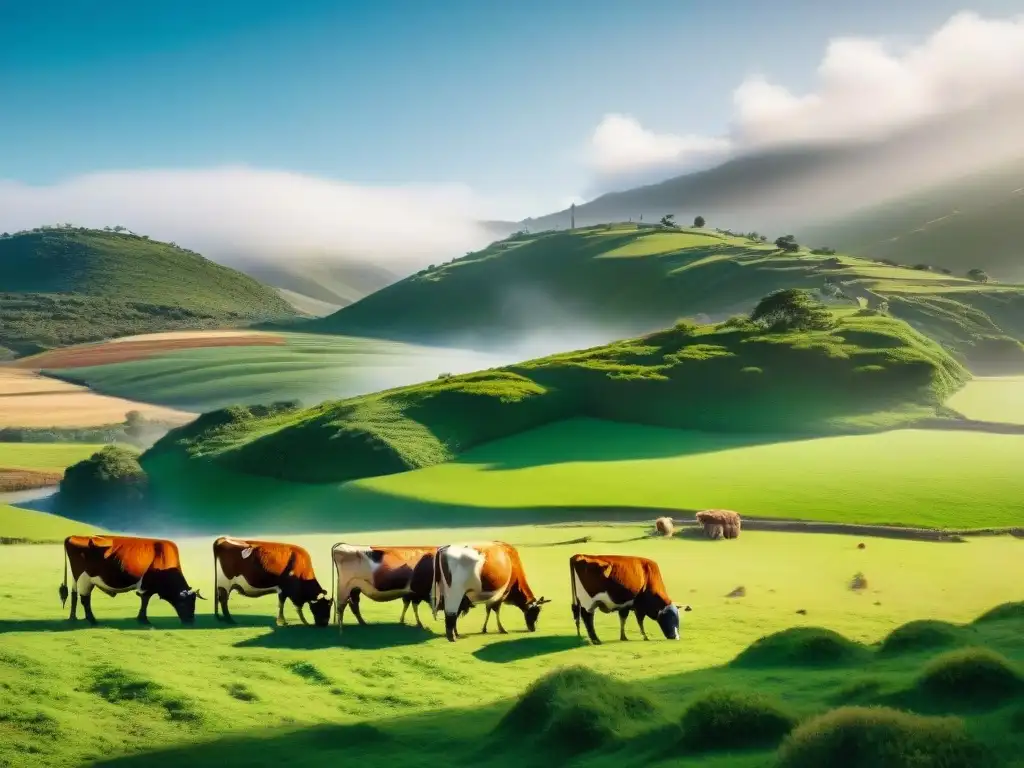 Imagen de un prado verde exuberante en Uruguay, con vacas pastando y una comunidad indígena cuidando a los animales