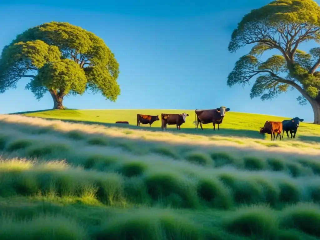 Imagen de un prado verde sereno con ganado pastando, bajo un cielo azul claro