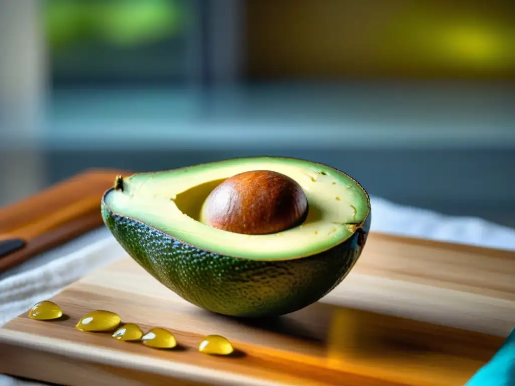 Imagen realista de un aguacate verde vibrante siendo cortado, listo para la receta auténtica guacamole asado uruguayo