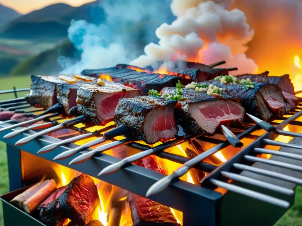 Imagen realista de un asado uruguayo con cortes de carne sizzling rodeados de brasas y humo, en un paisaje campestre