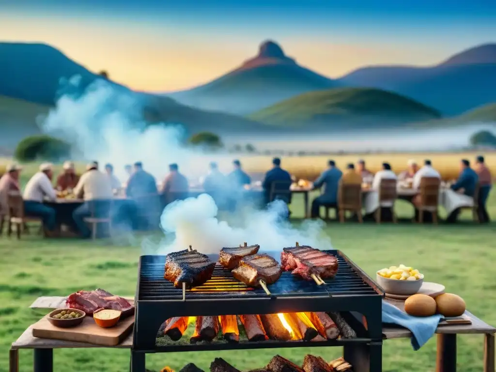 Imagen realista de un asado uruguayo tradicional, con gauchos y invitados disfrutando la tradición y la innovación bajo el cielo azul