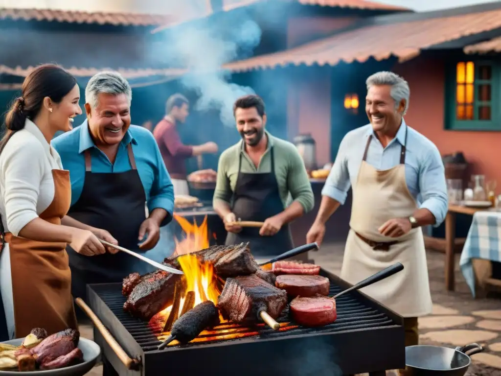 Una imagen realista de una escena de asado uruguayo tradicional, con amigos y familia disfrutando de la comida