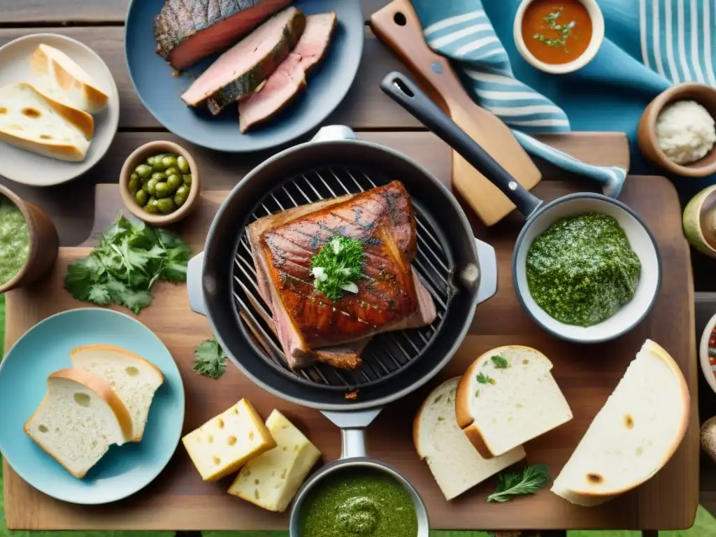 Una imagen realista de una familia uruguaya preparando un asado en el campo