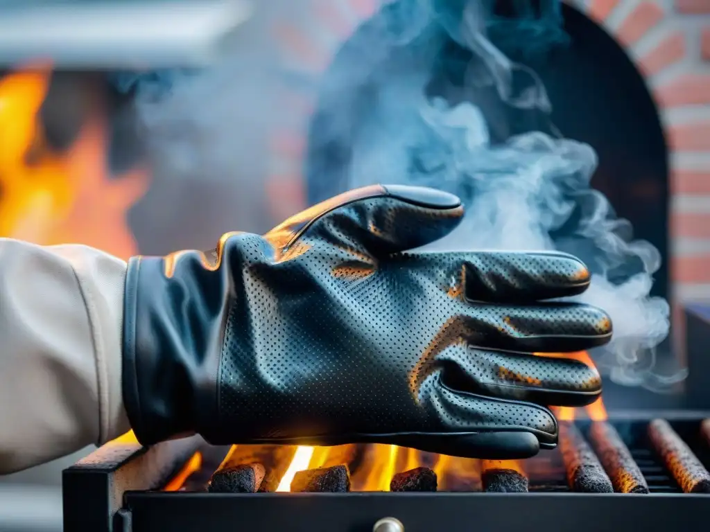 Guantes de parrilla negros de alta calidad: protección y estilo Imagen realista de guantes asador alto rendimiento negros, detallados y elegantes, con logo grabado y humo de parrilla al fondo