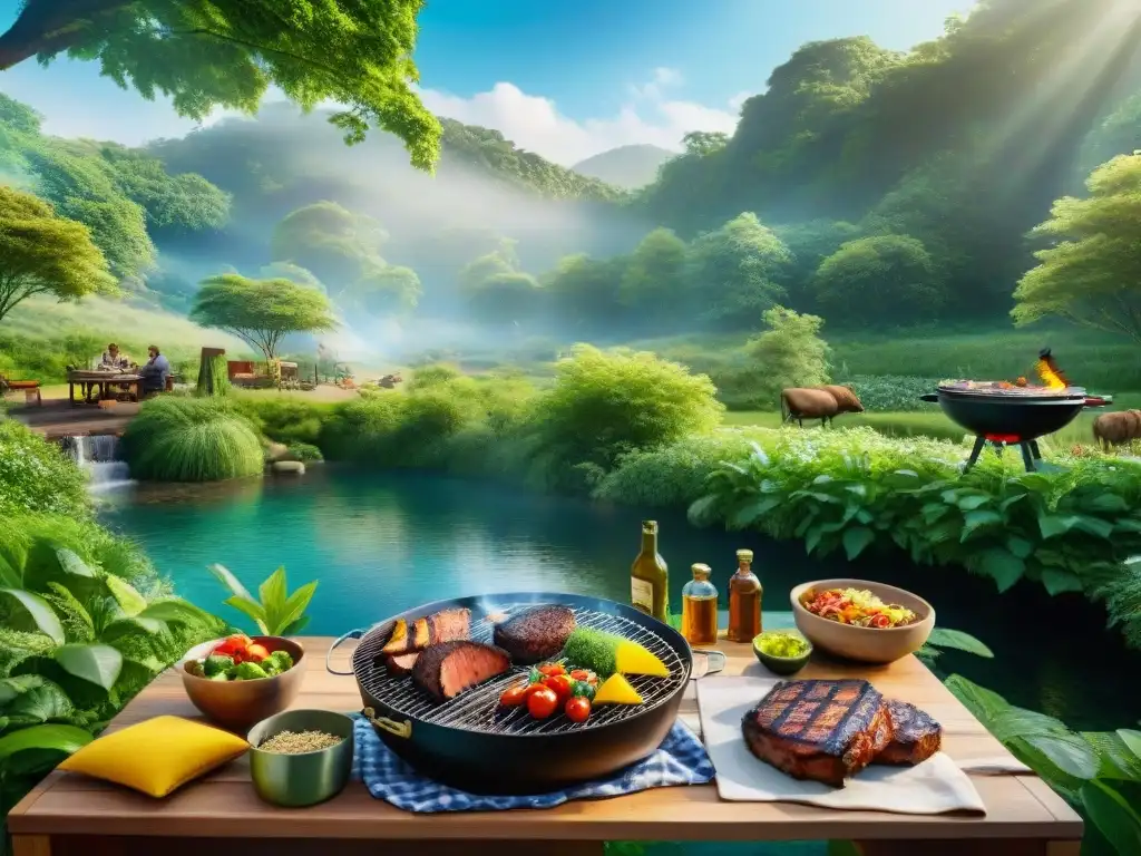 Imagen realista de bosque verde con vida silvestre, familia disfrutando barbacoa sostenible