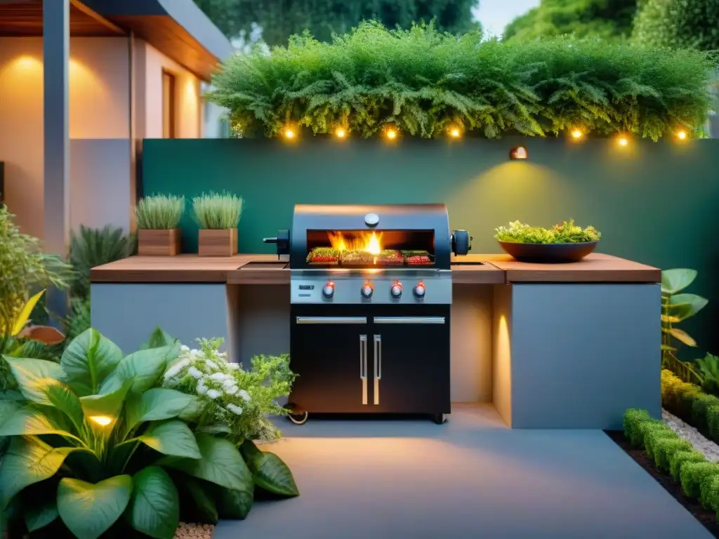 Imagen de un jardín verde con asado sostenible y parrillada ecofriendly entre plantas vibrantes y luces solares