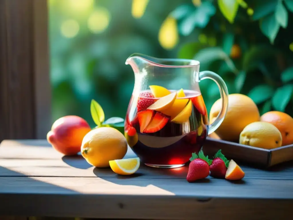 Una imagen de una vibrante jarra de sangría casera rodeada de frutas frescas, ideal para maridar asado