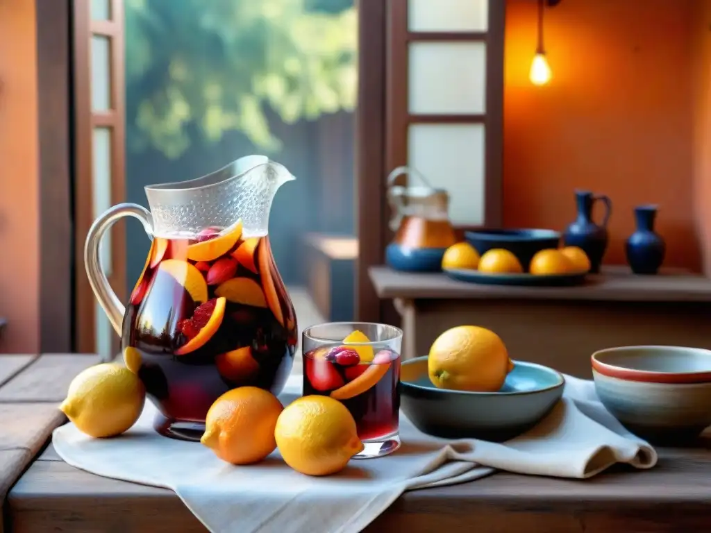 Una imagen de una vibrante jarra rebosante de sangría casera para asados, rodeada de frutas y tazas de cerámica españolas en un ambiente festivo