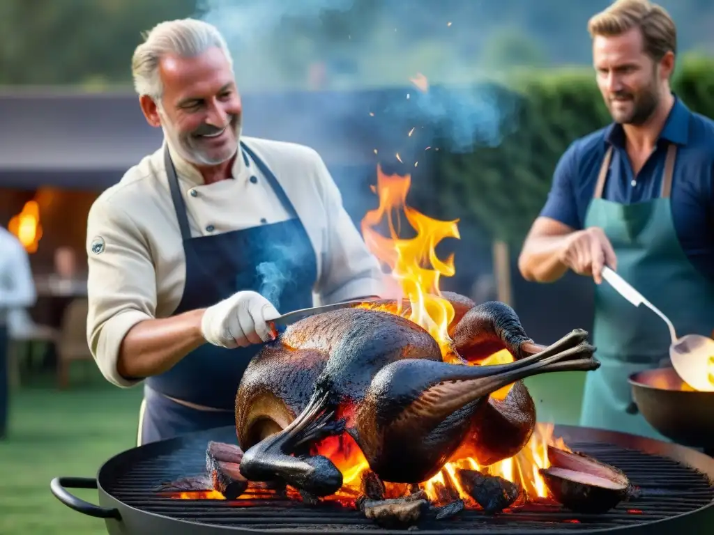 Imponente escena de asado de avestruz, técnicas asado avestruz sorprender, experto chef y público asombrado