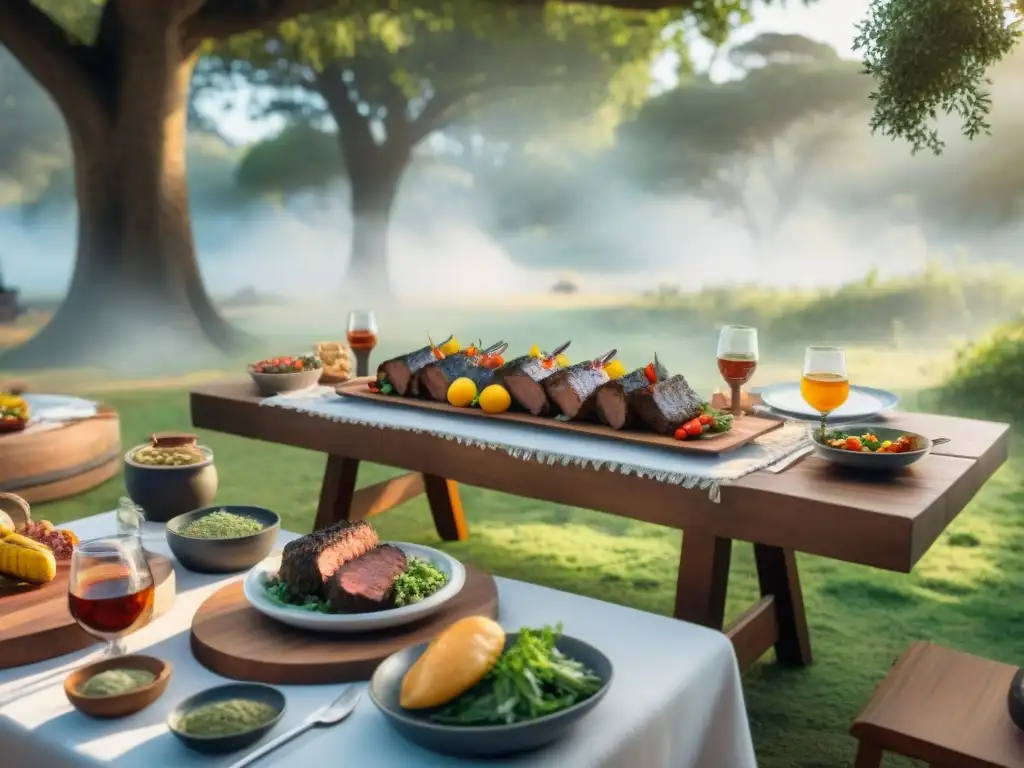 Importancia del asado en celebraciones: Mesa de asado uruguayo al aire libre, decorada y abundante, amigos y familia compartiendo