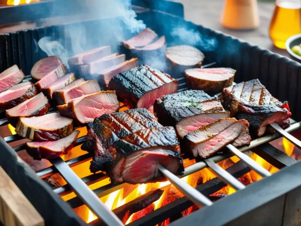 La Importancia del asado uruguayo capturada en una parrillada de carnes importadas con humo y colores vibrantes