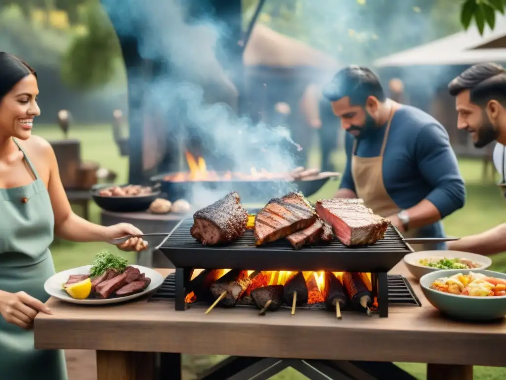 Encuentro comunitario: Asado uruguayo al aire libre Importancia del asado uruguayo: Momento comunitario alrededor de la parrilla, entre verde y humo, disfrutando de la carne
