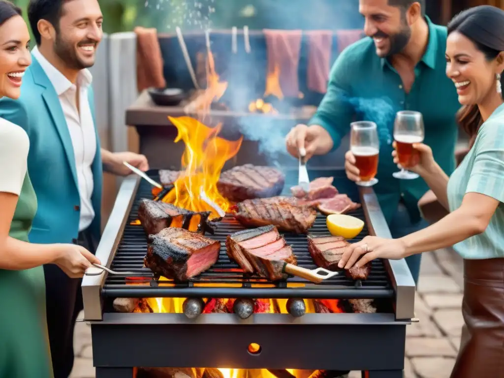 Importancia social del asado Uruguay: Amigos disfrutando de un asado tradicional uruguayo en un patio acogedor