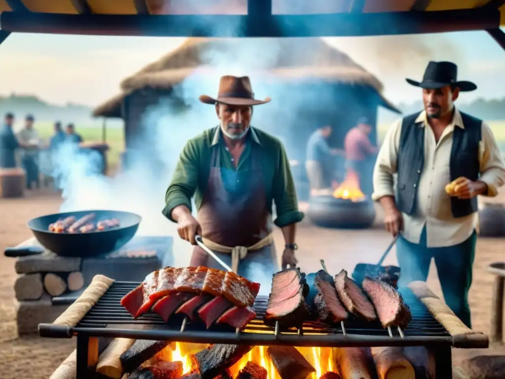 Impresionante asado uruguayo en el campo, gauchos cocinando carne a la parrilla al aire libre