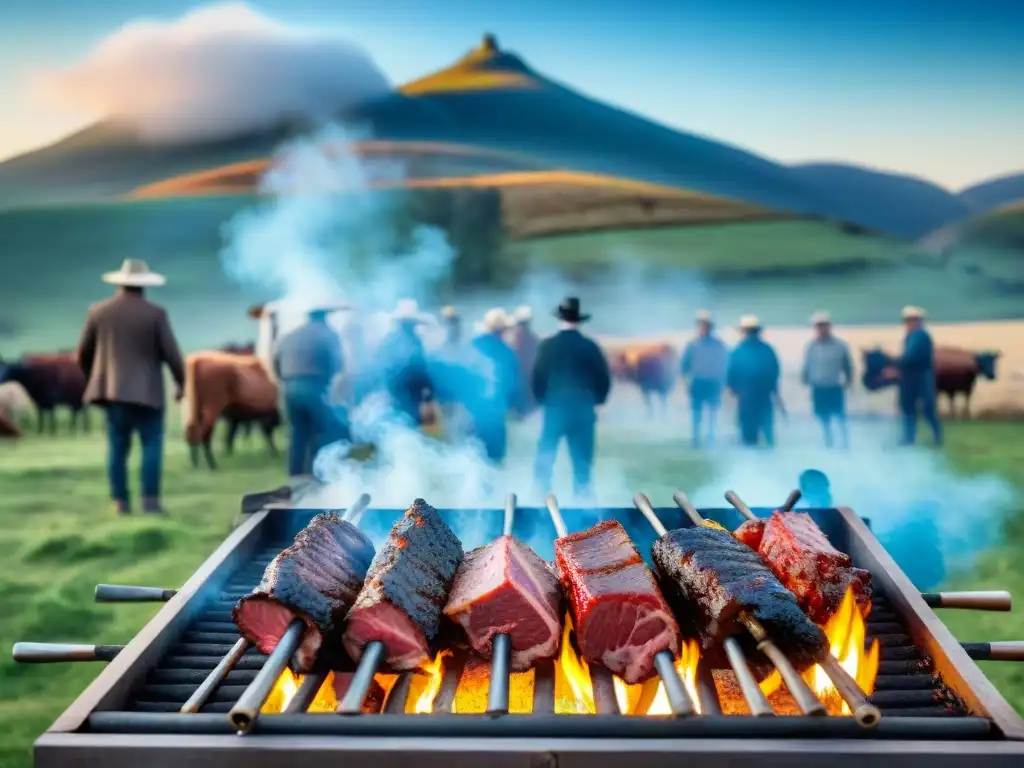 Impresionante asado uruguayo en el campo con gauchos cocinando carne a la parrilla, reflejando la historia del asado uruguayo evolución