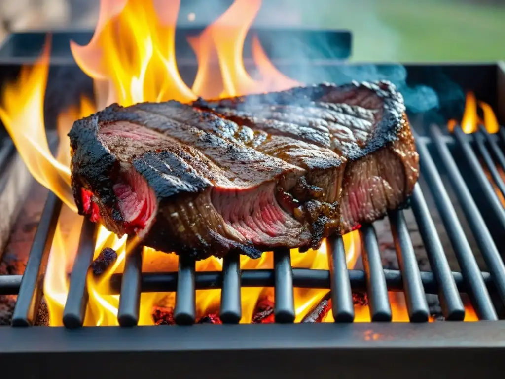 Impresionante narrativa visual asado uruguayo: llama danzante sobre parrilla, carne perfectamente sellada y humo aromático en campo rústico