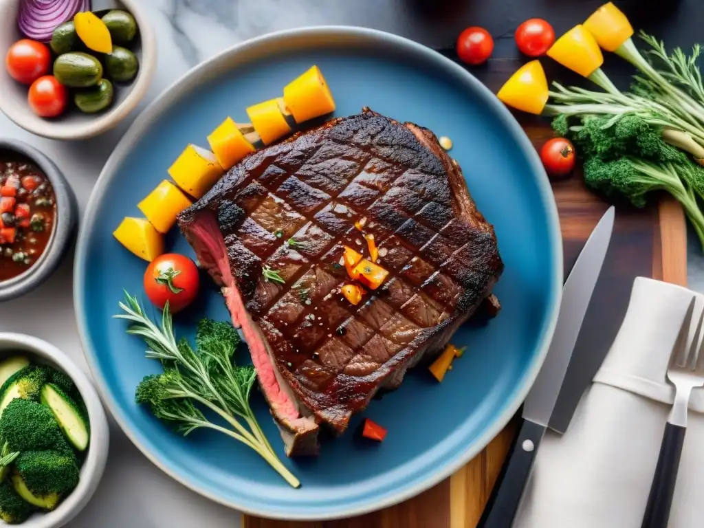 Impresionante presentación asado uruguayo sabor con ribeye y vegetales en una parrilla, rodeados de llamas