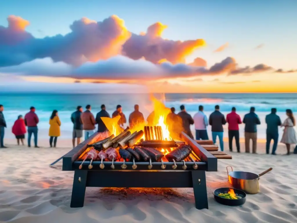 Increíble asado uruguayo en la playa al atardecer, con amigos alrededor de la mesa de madera, reflejos del cielo en el mar