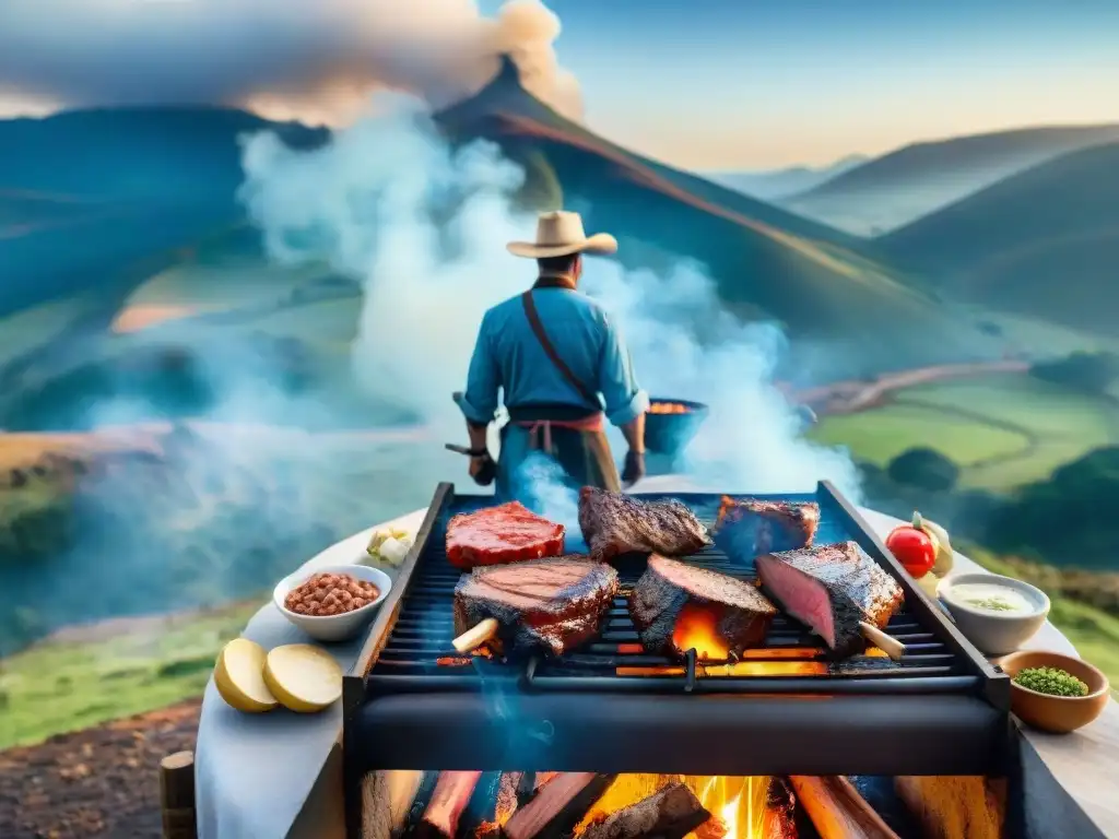 Increíble escena de asado uruguayo tradicional con gauchos y carne sizzling en la parrilla, en el hermoso campo uruguayo