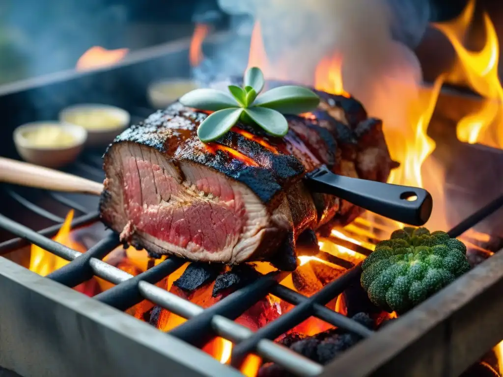 Una increíble imagen detallada de un asado uruguayo tradicional con pulmón a la parrilla, chimichurri y vino tinto