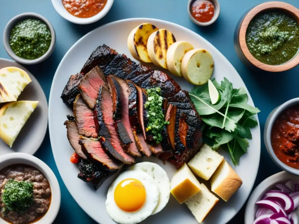 Una increíble imagen detallada de un tradicional asado uruguayo con una variedad de carnes a la parrilla rodeadas de chimichurri, ensaladas y pan