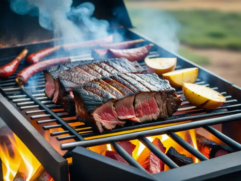 Increíbles técnicas de asado uruguayo: parrilla humeante con cortes de carne perfectamente cocidos y paisaje campestre de fondo