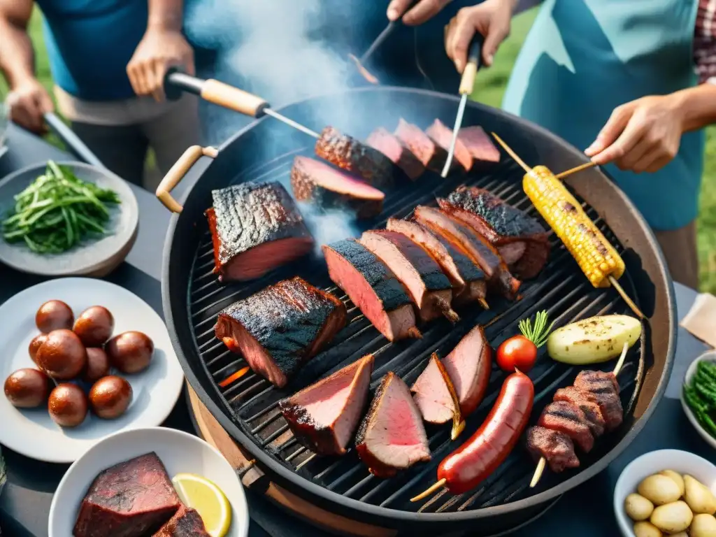 Influencia africana en asado uruguayo: Escena de asado tradicional con variedad de carnes a la parrilla y asador experto