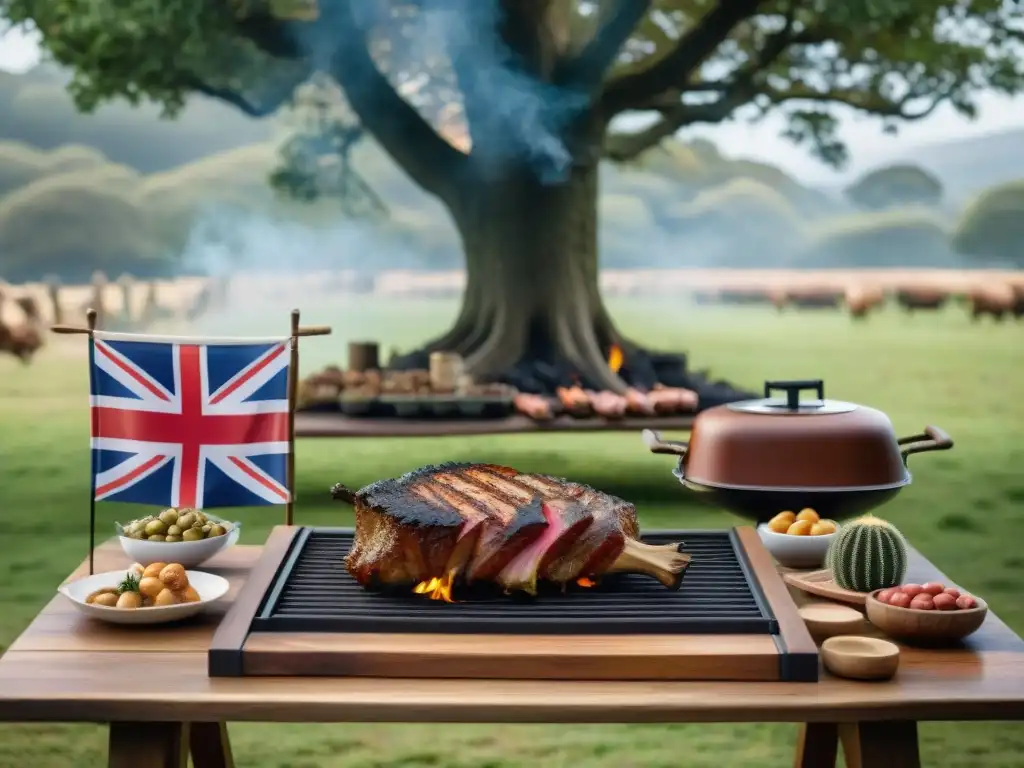 Influencia británica en asado uruguayo: Mesa de madera con carne asándose y elementos británicos, bajo un roble