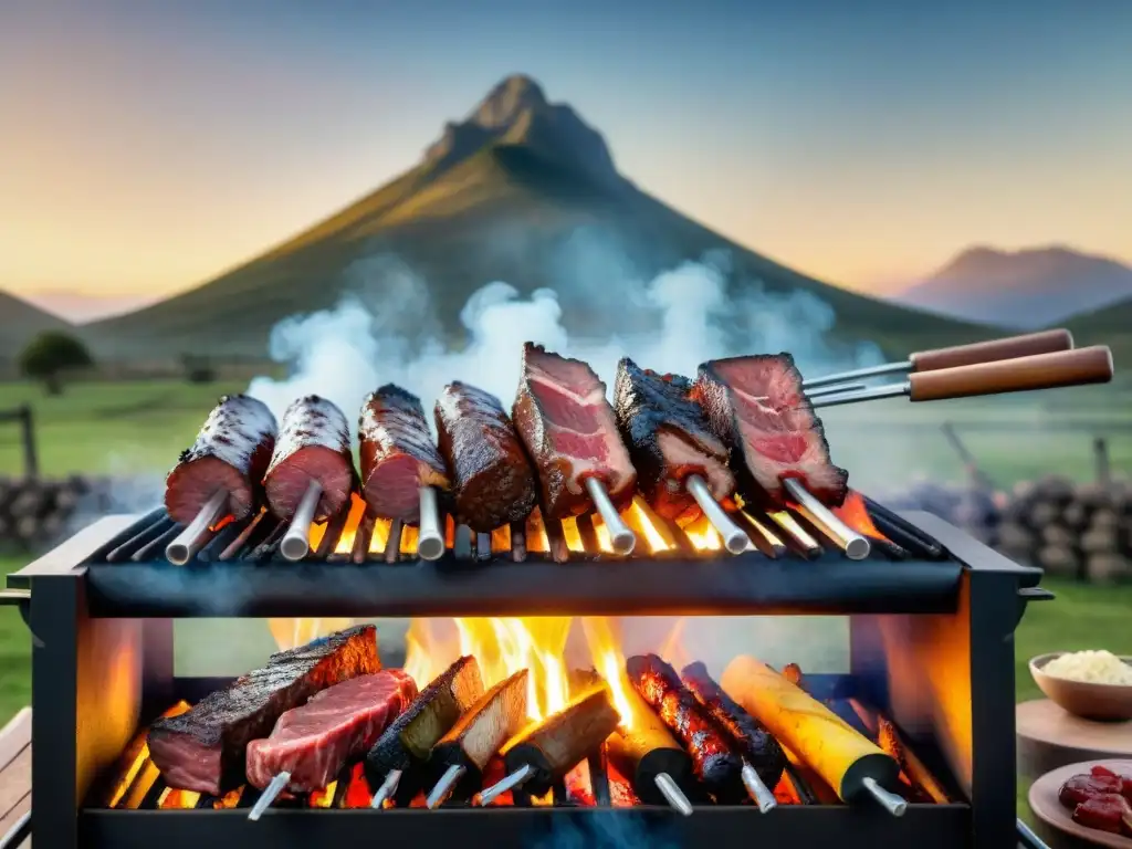 Influencia de la cocina argentina en un asado uruguayo tradicional con gauchos y carnes a la parrilla