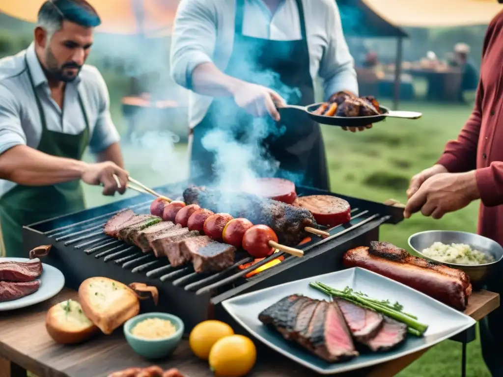 Influencia cultural del asado en Uruguay: Reunión al aire libre con amigos y familia alrededor de la parrilla con carne en sizzling