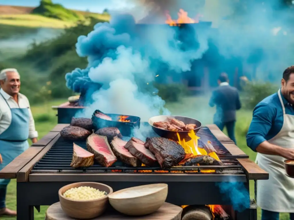 Influencia cultural del asado en Uruguay: reunión campestre con diversidad de personas disfrutando de un asado al aire libre