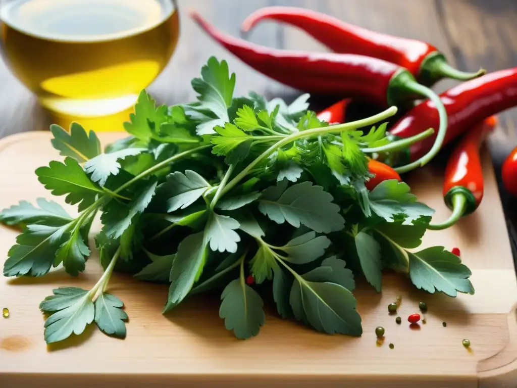 Ingredientes frescos para variaciones de chimichurri en asado: perejil verde, chiles rojos, ajo picado y aceite de oliva en tabla de madera