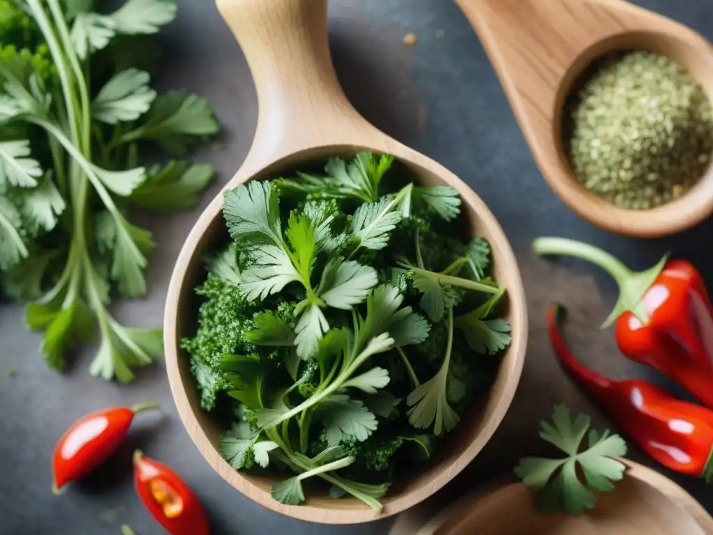 Ingredientes vibrantes listos para una receta auténtica chimichurri uruguayo, frescos y llenos de vida