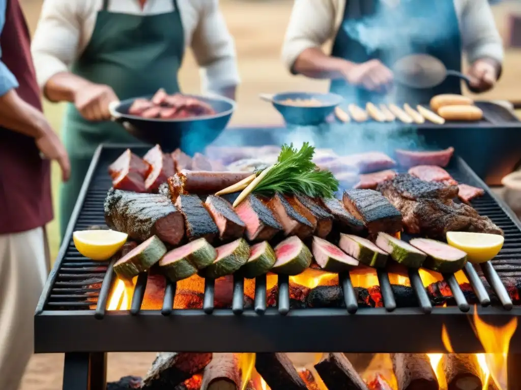 Una innovación en el asado uruguayo: amigos disfrutan de un asado tradicional bajo el cálido sol dorado