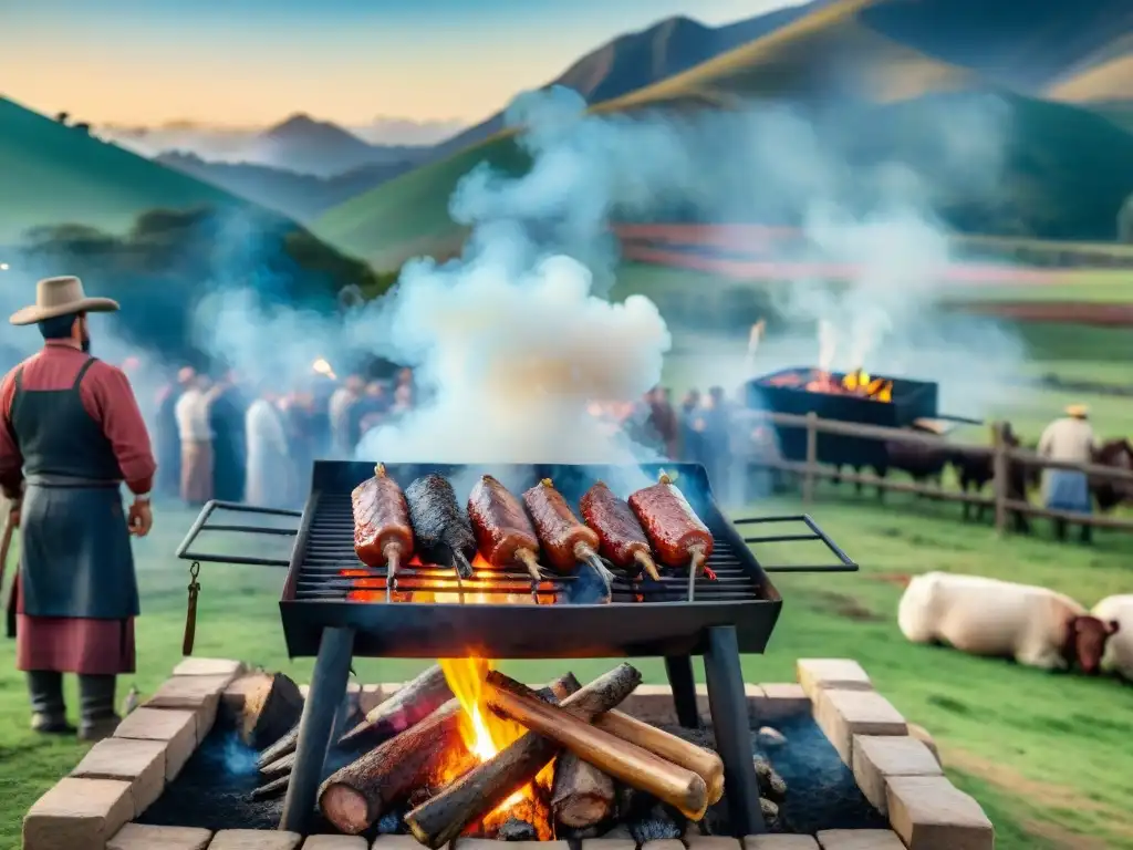 Una innovación en el asado uruguayo: detallada escena campestre con gauchos y parrilla al aire libre