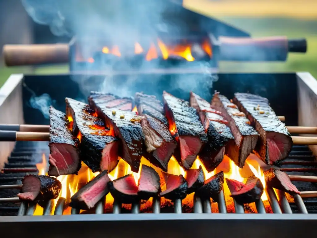 Innovaciones en el asado uruguayo: Una parrilla tradicional repleta de carnes jugosas en el campo