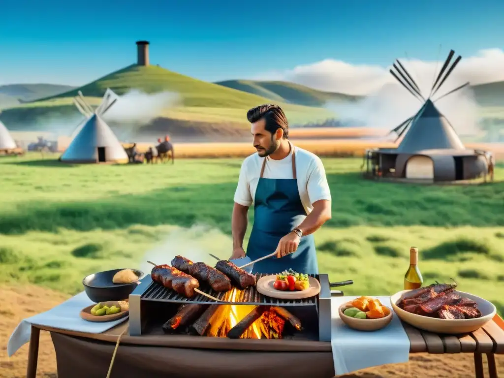 Celebrando la integración de energías alternativas en asados uruguayos en un escenario campestre pintoresco con asado y diversidad de personas