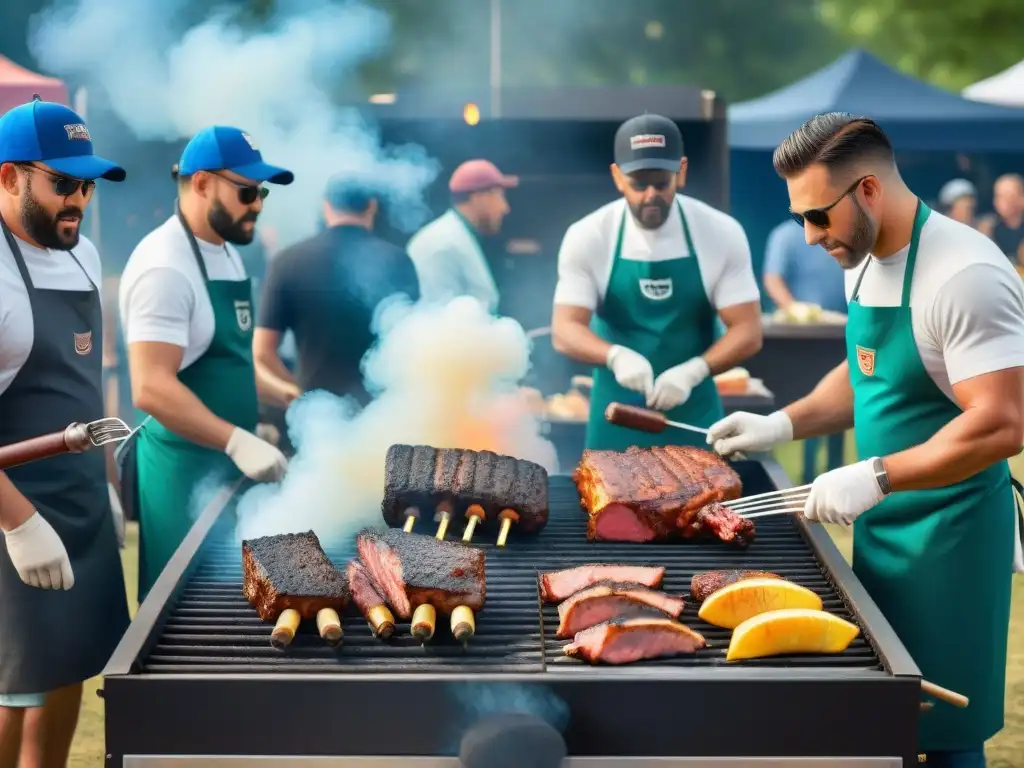 Un intenso concurso de asado: expertos preparando sus parrillas con determinación en vibrante fotografía perfecta asado concurso