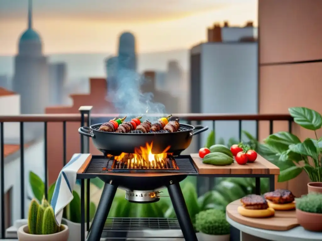 Un íntimo asado en espacios reducidos: parrilla en balcón urbano, amigos disfrutando comida deliciosa entre plantas y asientos acogedores