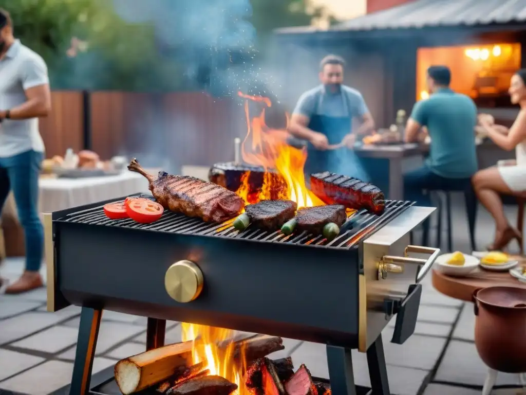 Un íntimo asado uruguayo en espacios reducidos, con amigos, carnes y vegetales vibrantes cocinándose en una parrilla tradicional