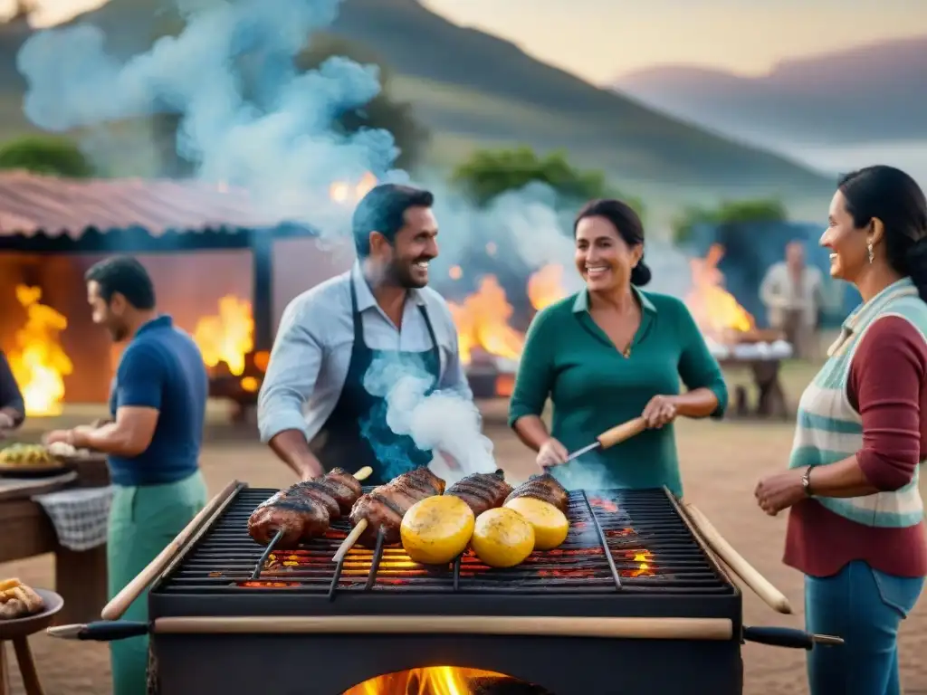 Un íntimo momento de anécdotas asados familiares Uruguay alrededor de la parrilla al atardecer