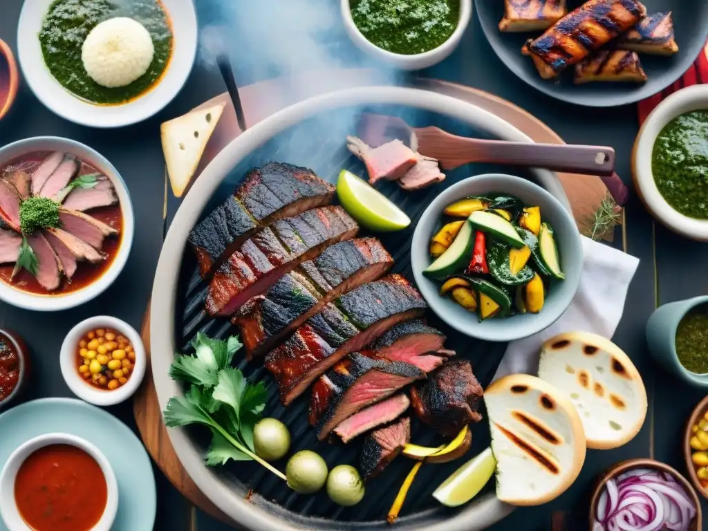 Invitadora escena de un asado uruguayo con variedad de carnes en la parrilla, destacando la promoción de la cultura asado uruguayo en el extranjero