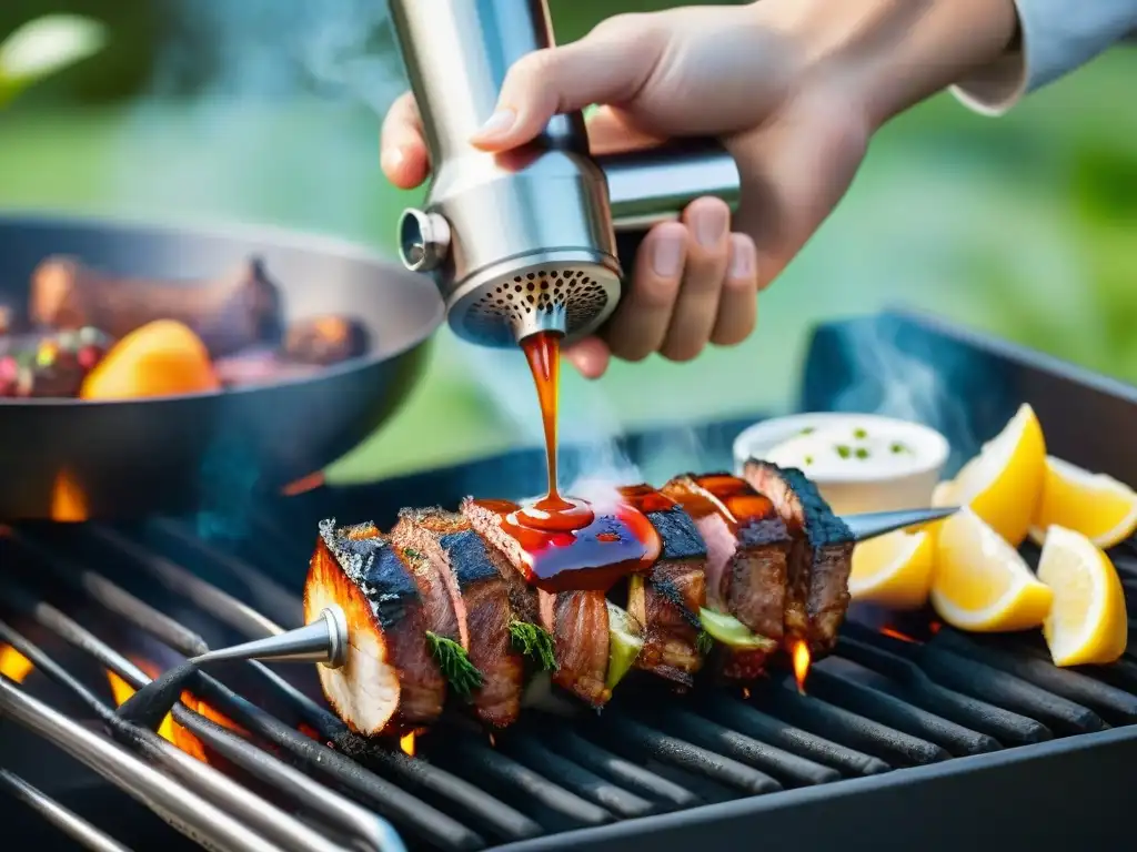 Un inyector de sabor reluciente en mano, con marinada y fondo de parrillada vibrante